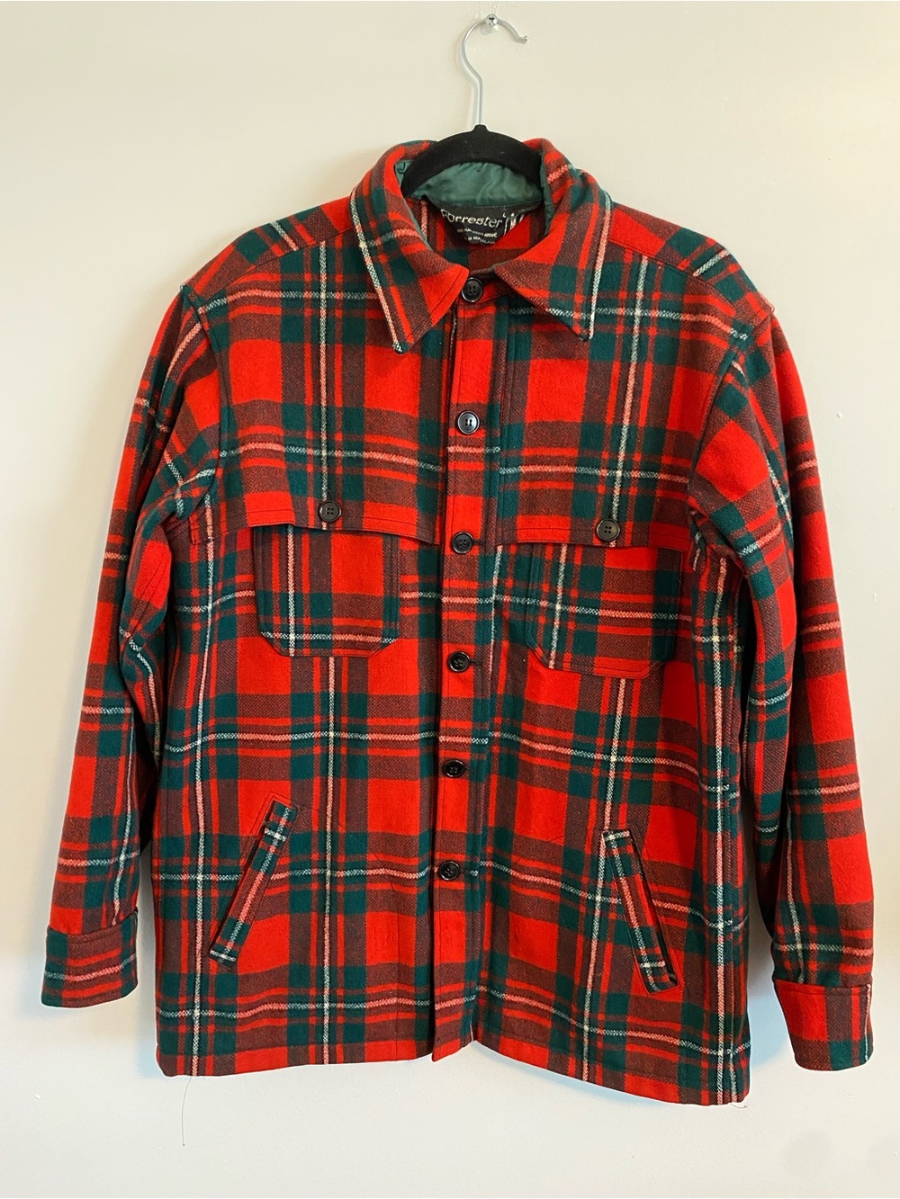 Vintage Forrester Red & Green 100% Virgin Wool Button-Up Jacket  Sz L Men’s